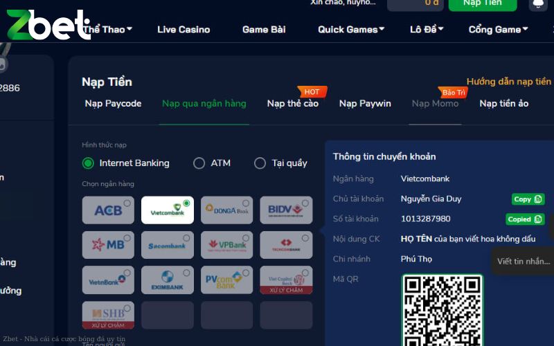 Các phương thức nạp tiền Zbet